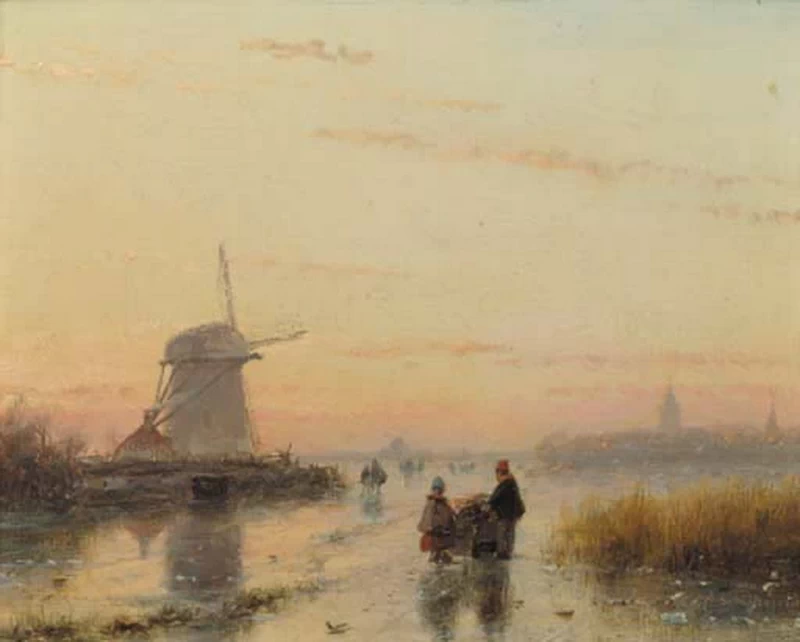 Un paesaggio fluviale in inverno al tramonto